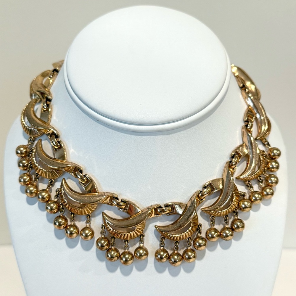 Vintage Trifari Bell Fringe Gold Tone Collar Necklace Choker 15” Articulated
